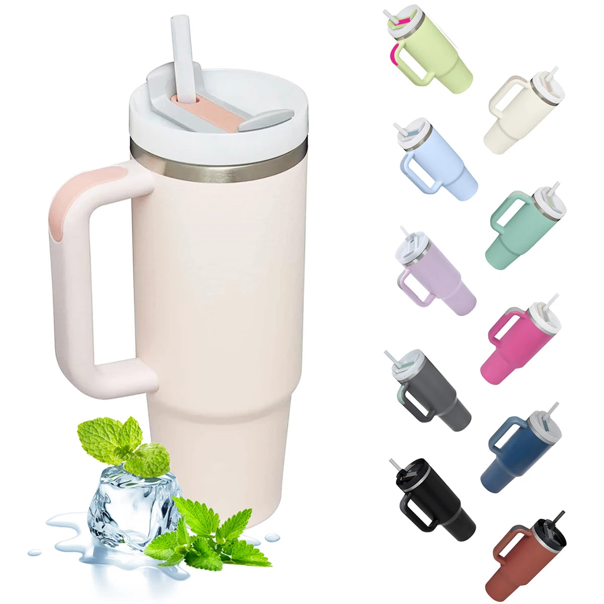 40oz stainless steel insulated tumbler with handle, featuring double-wall vacuum insulation to keep drinks hot or cold for hours. Includes a lid and straw, designed for on-the-go use and fits most car cup holders.