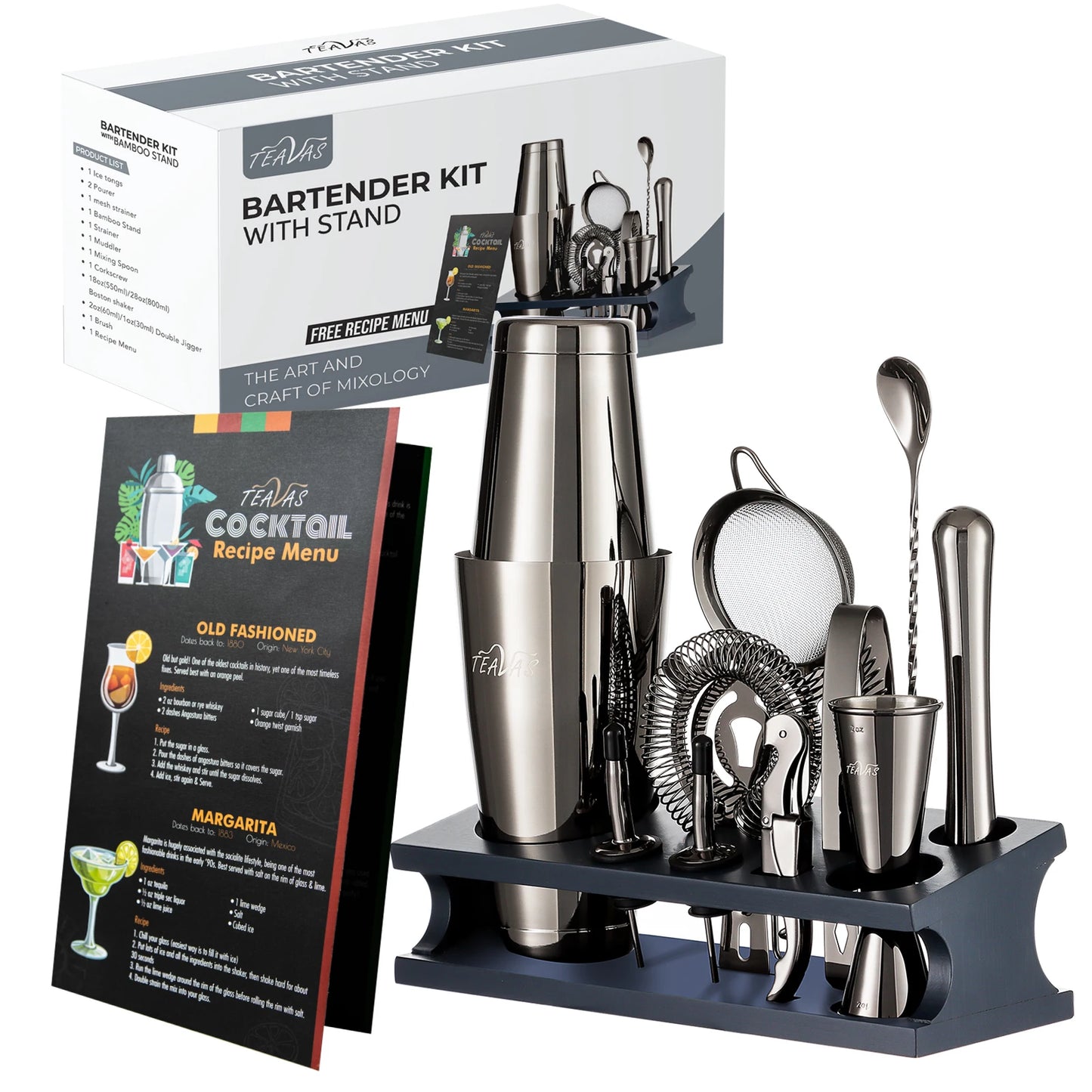 A comprehensive 25-piece mixology bartender kit featuring high-quality stainless steel tools, including a Boston cocktail shaker, muddlers, corkscrew, pourers, jigger, strainer, fruit needles, straws, mixing spoon, brush, wine stoppers, pourer caps, and a sturdy bamboo stand. This all-in-one set provides both amateur and professional bartenders with the essential tools needed to craft a wide variety of cocktails, enhancing any home bar setup