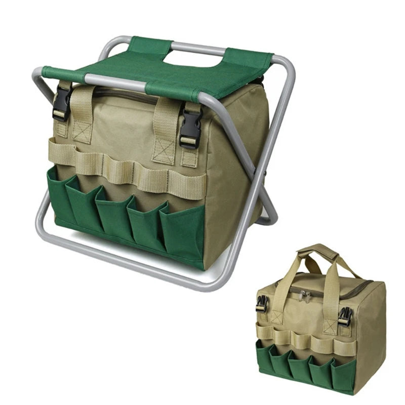 A folding gardening stool designed to provide comfort and convenience for gardeners. This portable stool features a sturdy metal frame with a durable fabric seat and includes a detachable tool bag for easy access to gardening tools. Its lightweight design and foldable structure make it easy to carry and store, ideal for reducing strain during gardening tasks