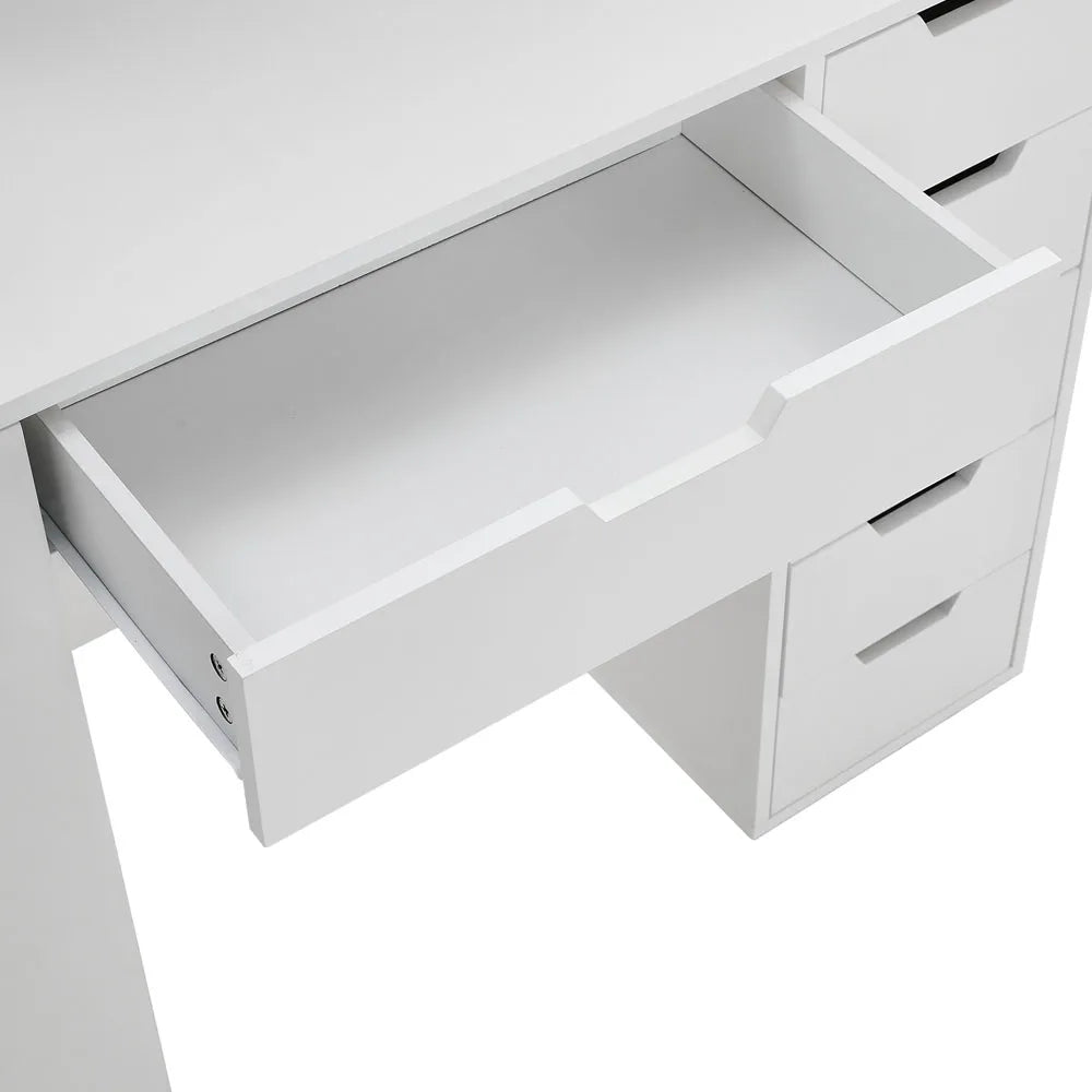 A stylish Hollywood makeup dressing table with bright LED lights around the mirror, offering a well-lit space for makeup application. The table features a sleek design with ample storage space for cosmetics and beauty tools.