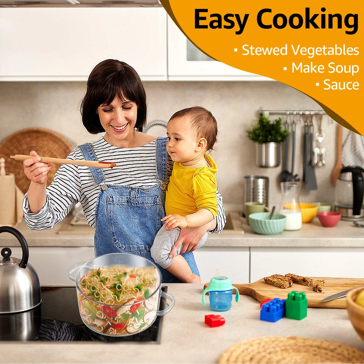 A durable heat-resistant glass saucepan, perfect for cooking at high temperatures, with a sturdy handle and transparent design for easy monitoring of food.
