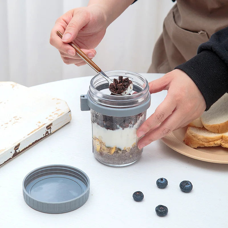 Glass jar container designed for storing overnight oats, with an airtight lid to keep ingredients fresh. Perfect for prepping nutritious breakfasts on-the-go.
