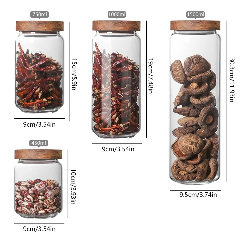 A collection of clear glass storage jars with airtight lids, ideal for organizing and preserving various kitchen staples such as pasta, grains, spices, and snacks. Their transparent design allows for easy identification of contents, while the airtight seals maintain freshness and prevent moisture intrusion. These jars not only provide practical storage solutions but also add a touch of elegance to kitchen countertops or pantry shelves