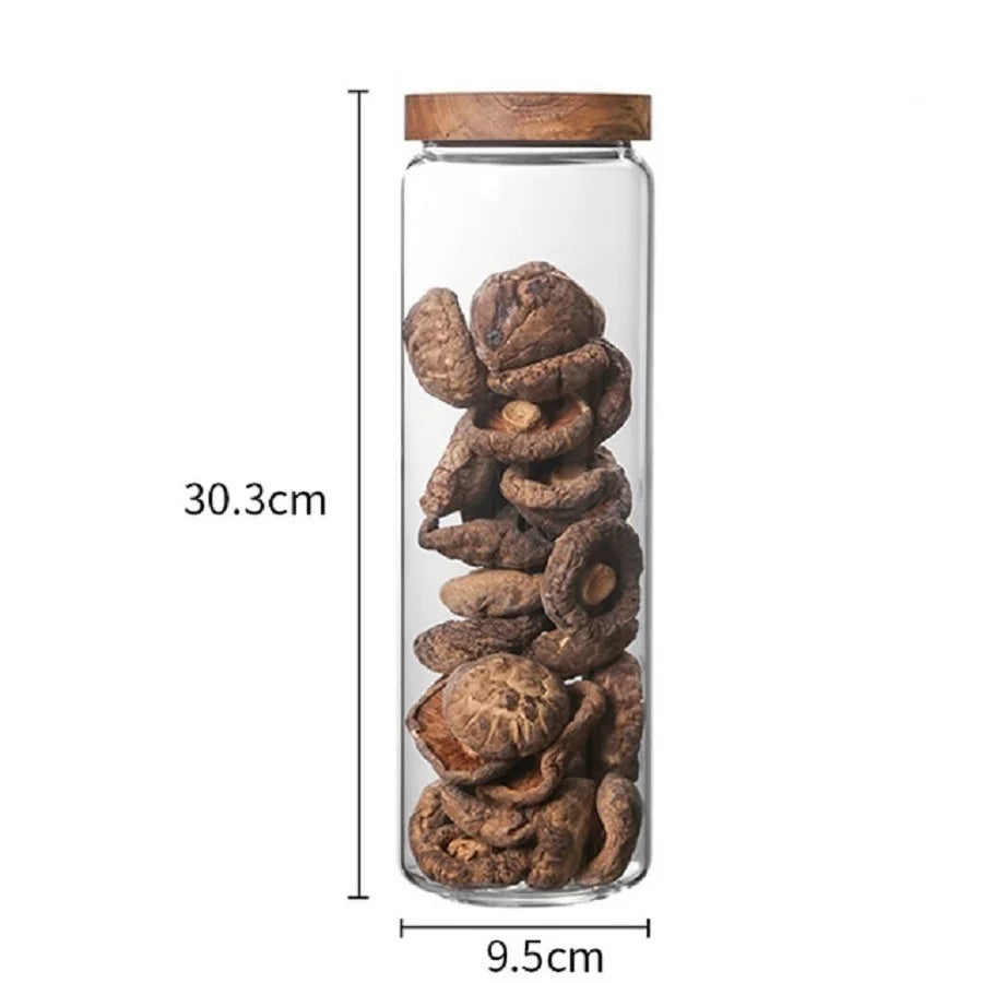 A collection of clear glass storage jars with airtight lids, ideal for organizing and preserving various kitchen staples such as pasta, grains, spices, and snacks. Their transparent design allows for easy identification of contents, while the airtight seals maintain freshness and prevent moisture intrusion. These jars not only provide practical storage solutions but also add a touch of elegance to kitchen countertops or pantry shelves