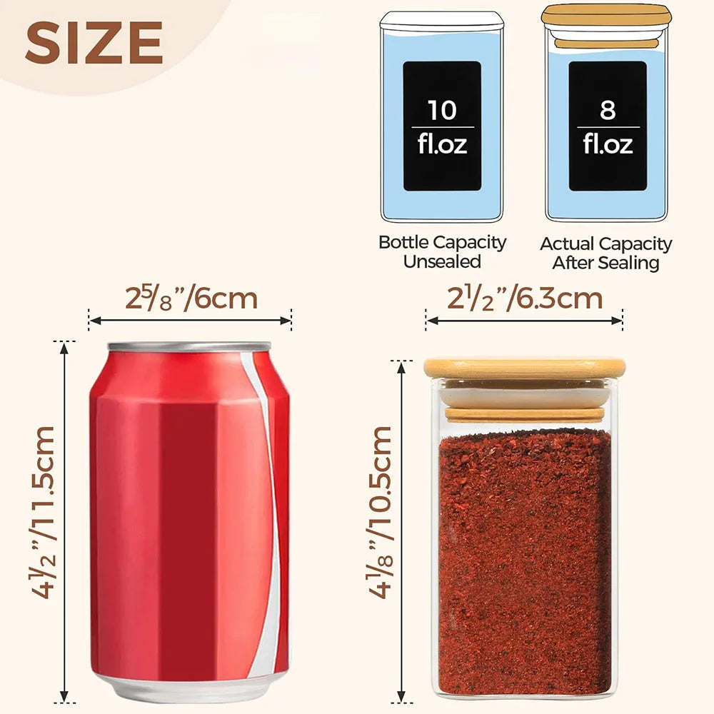Set of glass spice jars with bamboo lids, offering a stylish and eco-friendly storage solution. Perfect for organizing and preserving spices, herbs, or other kitchen essentials.