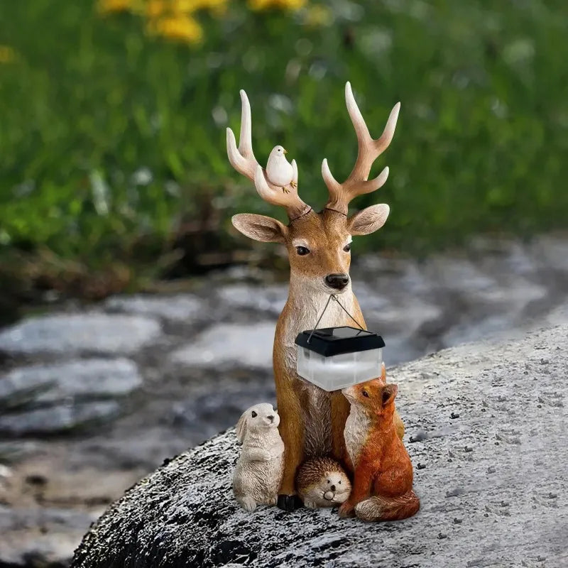 Charming solar-powered animal figurine with LED lights, designed for outdoor and garden decor. Absorbs sunlight during the day and emits a warm glow at night, adding a magical touch to any space