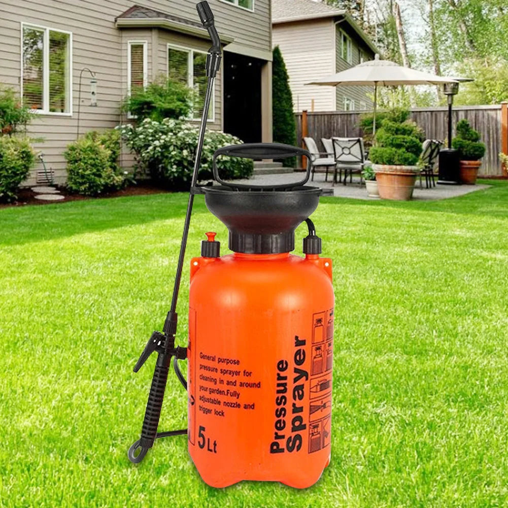 A hand-operated pressure sprayer designed to dispense air or liquid in a controlled spray, commonly used for applying pesticides, fertilizers, or cleaning solutions. The device consists of a pressurized chamber with a trigger-operated nozzle, allowing users to spray contents efficiently over targeted areas.