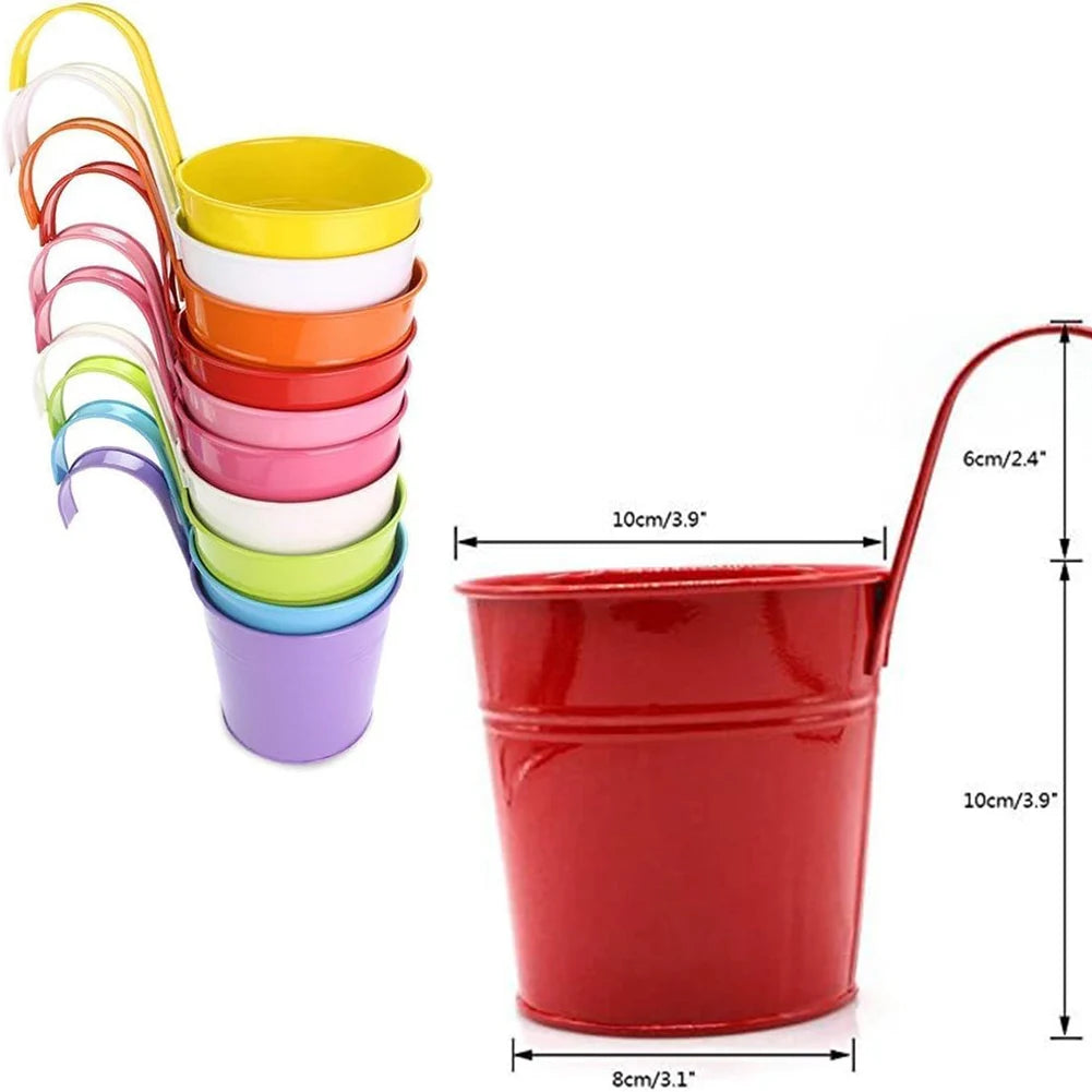 A set of colorful metal iron hanging flower pots with detachable hooks, designed to hang on balconies, fences, or garden railings; ideal for displaying vibrant flowers or plants, adding charm and greenery to outdoor spaces
