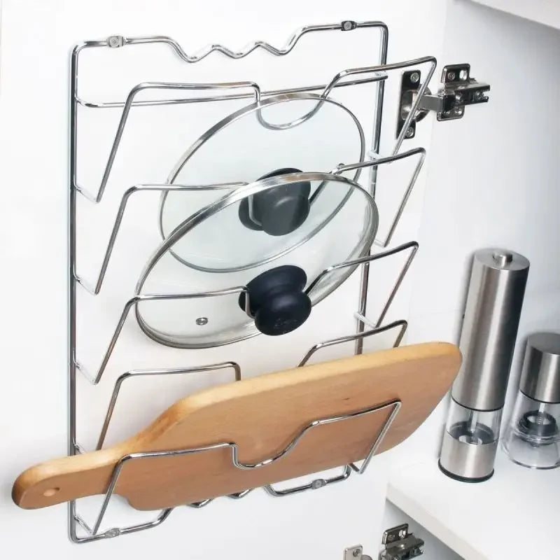 A hanging pot lid holder, designed to store pot lids efficiently by hanging them on a wall or inside a cabinet door, featuring adjustable dividers to accommodate various lid sizes, made from durable materials like metal or bamboo, and designed to save kitchen space while keeping lids organized