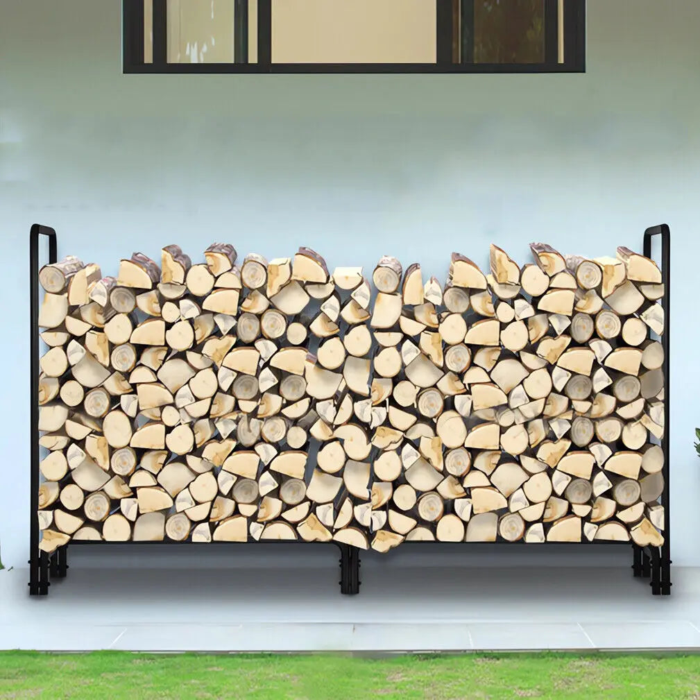 Sturdy metal firewood rack designed for indoor and outdoor use, neatly storing logs for easy access. Durable steel construction with a sleek black finish, perfect for keeping firewood organized and dry