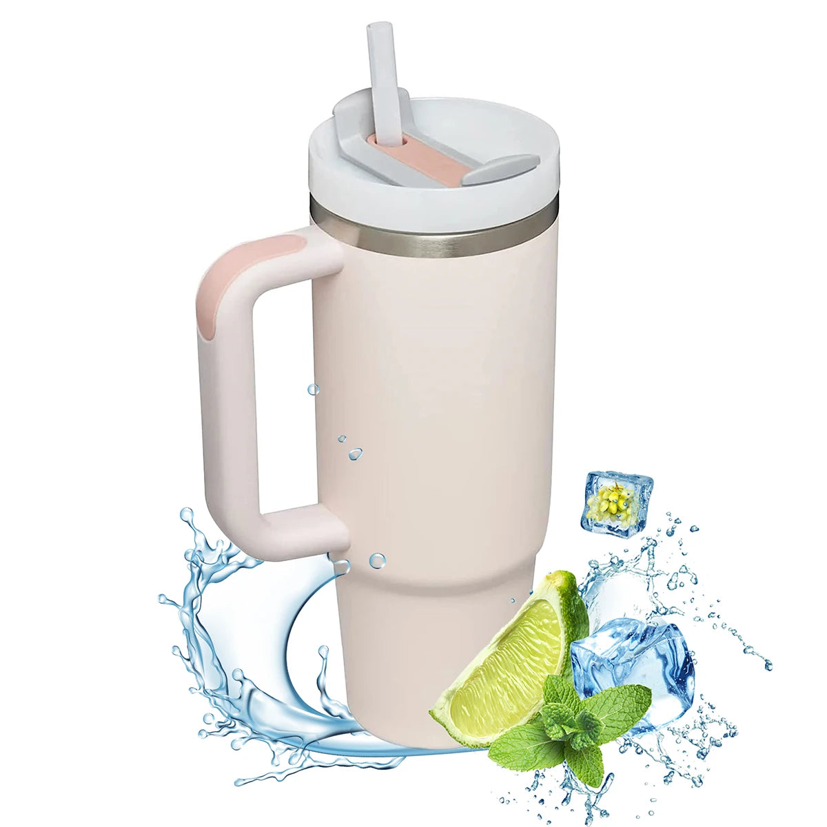 40oz stainless steel insulated tumbler with handle, featuring double-wall vacuum insulation to keep drinks hot or cold for hours. Includes a lid and straw, designed for on-the-go use and fits most car cup holders.