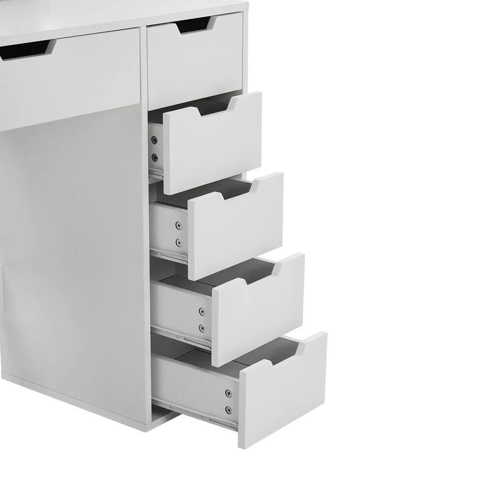 A stylish Hollywood makeup dressing table with bright LED lights around the mirror, offering a well-lit space for makeup application. The table features a sleek design with ample storage space for cosmetics and beauty tools.