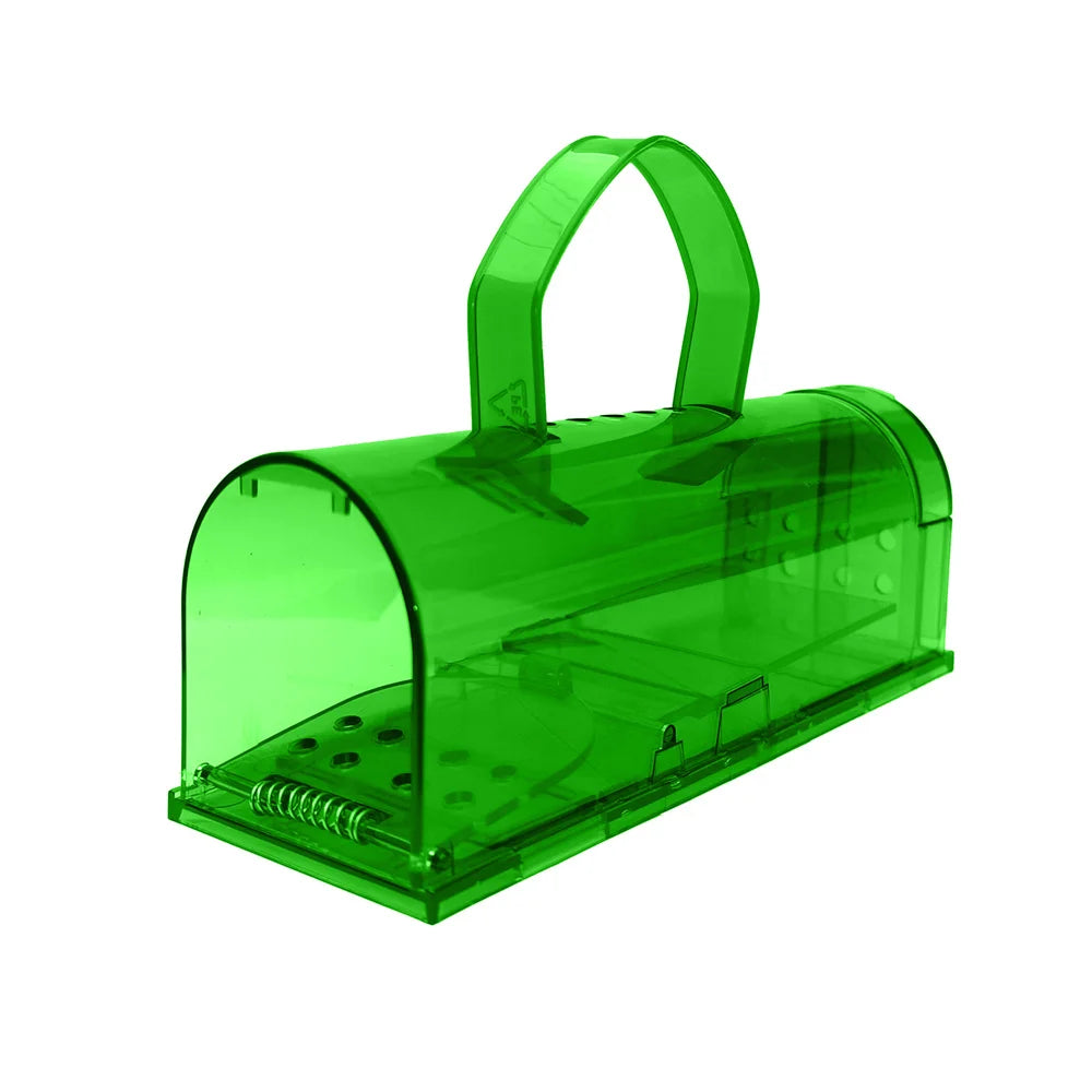 A humane mouse trap designed to safely capture and release mice without harm. The transparent plastic construction allows for easy monitoring, and ventilation holes ensure the mouse's well-being until release