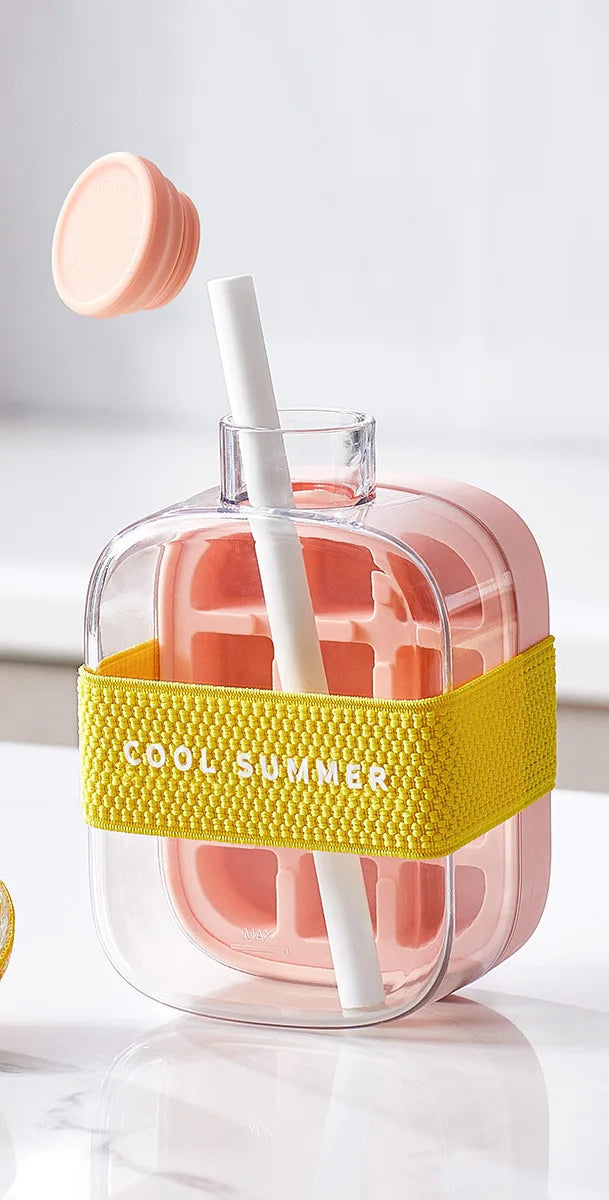 A stackable ice cube tray with a secure lid, designed for easy filling and spill-free storage, ensuring fresh and odor-free ice cubes.