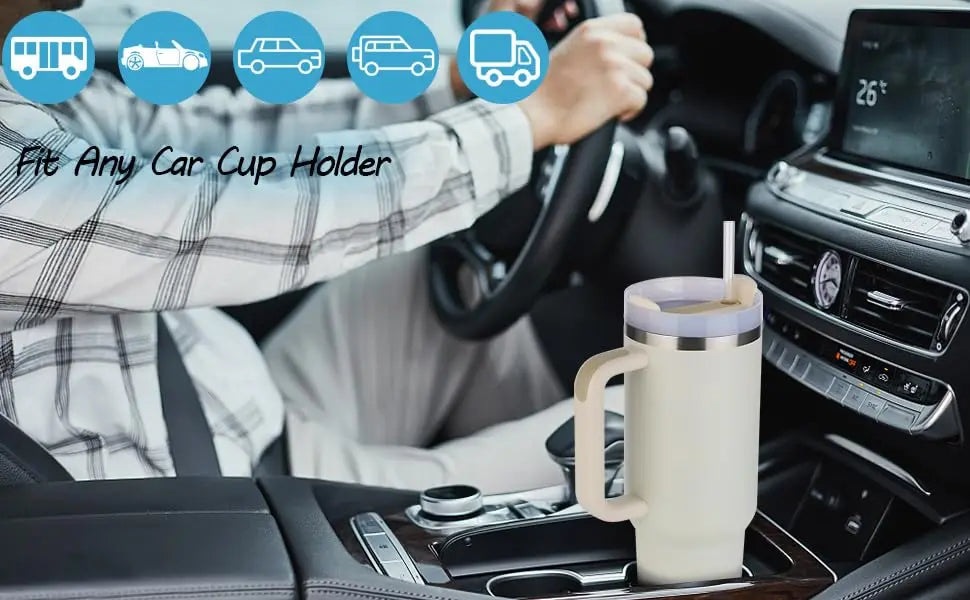 40oz stainless steel insulated tumbler with handle, featuring double-wall vacuum insulation to keep drinks hot or cold for hours. Includes a lid and straw, designed for on-the-go use and fits most car cup holders.