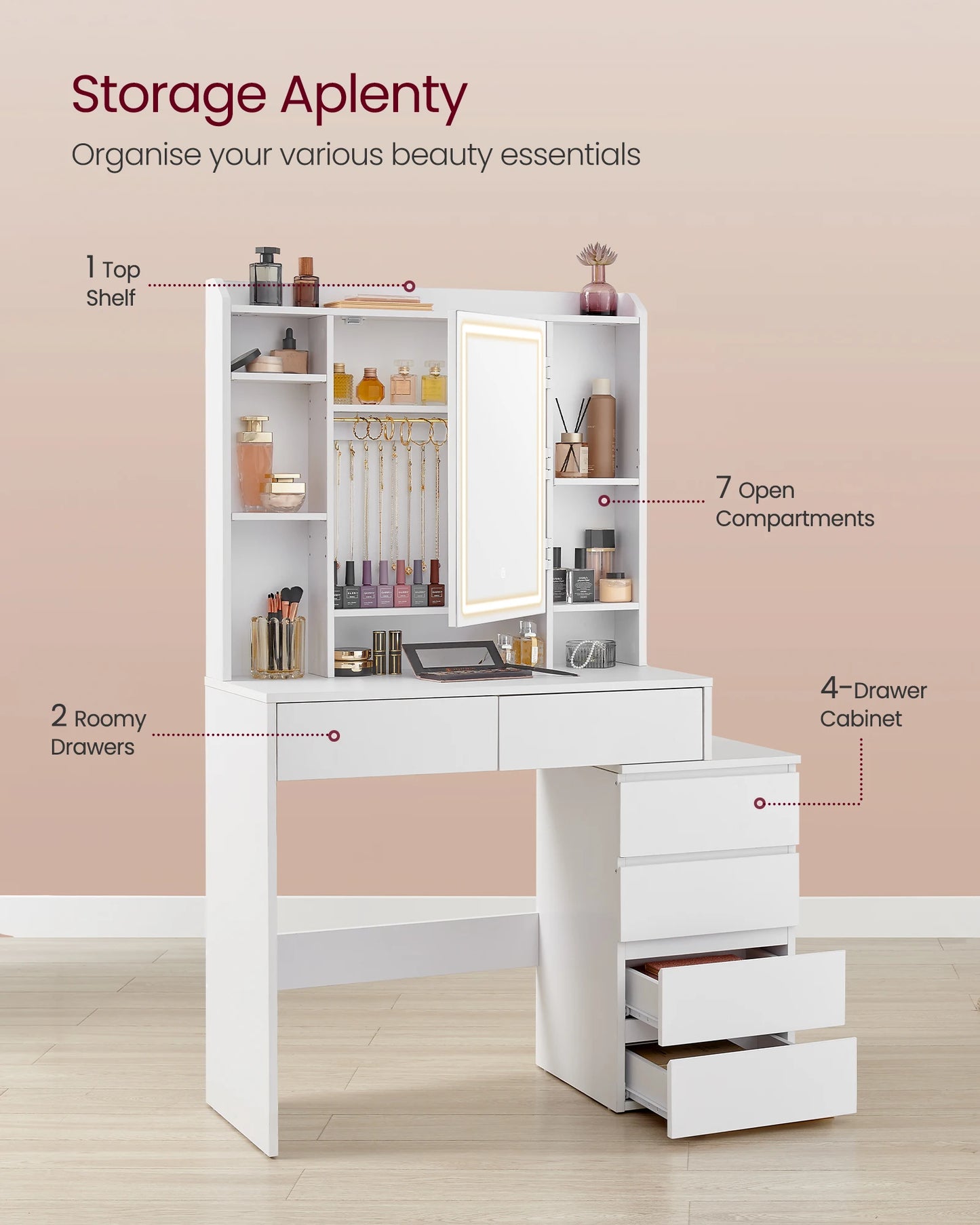 A modern vanity table featuring a sleek design, equipped with a built-in LED-lit mirror offering adjustable brightness settings. The table includes multiple drawers and shelves for organized storage of cosmetics and accessories, complemented by a smooth tabletop for a stylish and functional addition to any bedroom or dressing area.