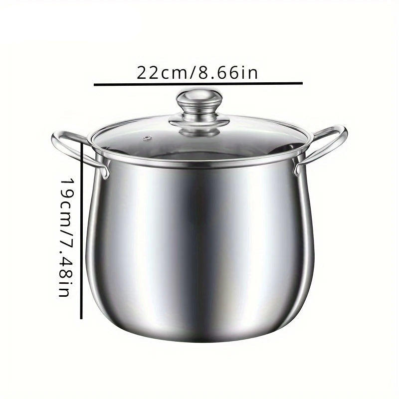 A large-capacity stainless steel soup pot with a matching lid, featuring sturdy handles for easy lifting and a polished finish, ideal for preparing soups, stews, and broths.