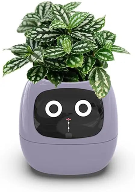 A smart flowerpot equipped with artificial intelligence, featuring sensors to monitor soil moisture, temperature, and light levels; includes a digital display that shows expressive animations based on the plant's environment and health, enhancing the indoor gardening experience.