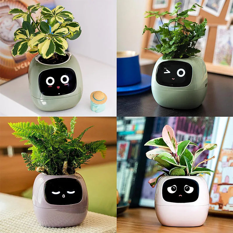 A smart flowerpot equipped with artificial intelligence, featuring sensors to monitor soil moisture, temperature, and light levels; includes a digital display that shows expressive animations based on the plant's environment and health, enhancing the indoor gardening experience.