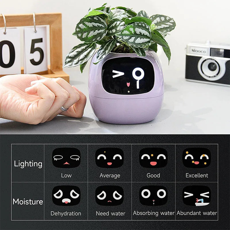 A smart flowerpot equipped with artificial intelligence, featuring sensors to monitor soil moisture, temperature, and light levels; includes a digital display that shows expressive animations based on the plant's environment and health, enhancing the indoor gardening experience.
