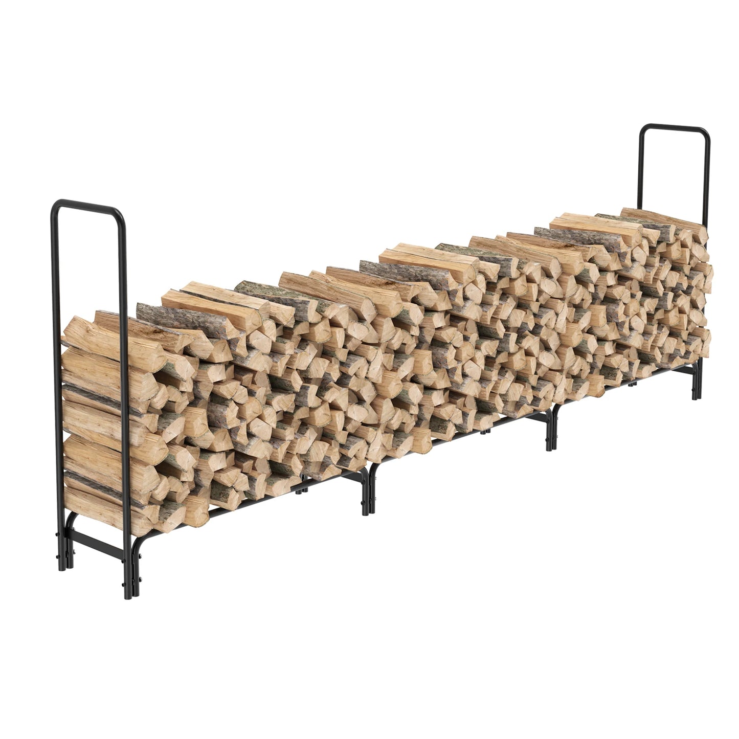 Sturdy metal firewood rack designed for indoor and outdoor use, neatly storing logs for easy access. Durable steel construction with a sleek black finish, perfect for keeping firewood organized and dry