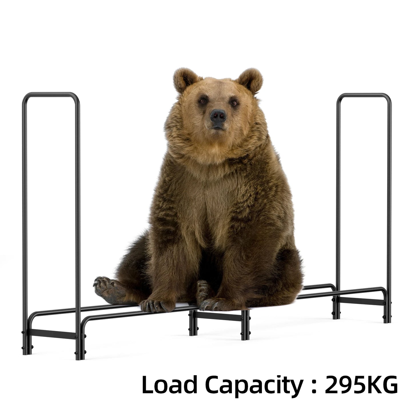 Sturdy metal firewood rack designed for indoor and outdoor use, neatly storing logs for easy access. Durable steel construction with a sleek black finish, perfect for keeping firewood organized and dry