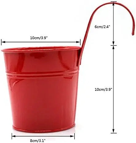 A set of colorful metal iron hanging flower pots with detachable hooks, designed to hang on balconies, fences, or garden railings; ideal for displaying vibrant flowers or plants, adding charm and greenery to outdoor spaces