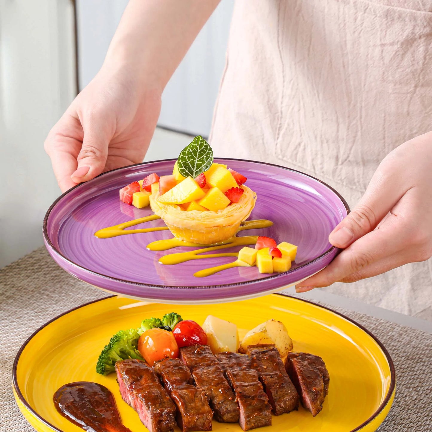 A multicolor ceramic plate set is a collection of dining plates crafted from high-quality ceramic material, featuring a variety of vibrant colors and patterns. These sets are designed to add a touch of elegance and liveliness to your dining experience, making them perfect for both everyday use and special occasions