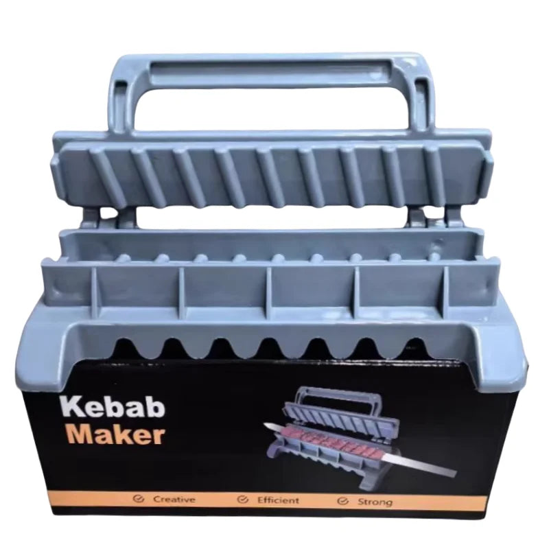 A manual kebab maker constructed from durable plastic, designed to simplify the process of forming and skewering meat and vegetables for grilling. The device allows users to create uniform kebabs quickly and efficiently, enhancing the grilling experience.