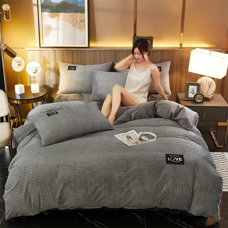 A 3-piece bedding set comprising a comforter and two pillowcases, designed to enhance your bedroom's aesthetic. Available in various patterns and materials, these sets cater to diverse preferences and are available in multiple sizes to fit different bed dimensions