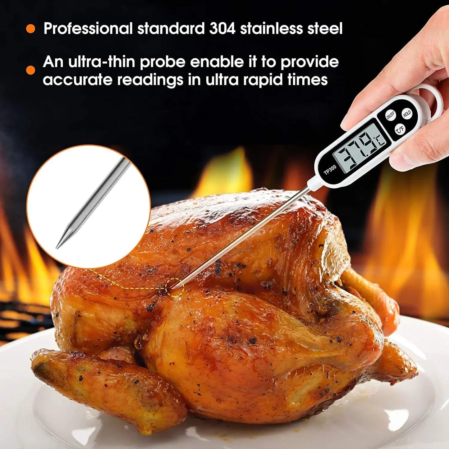 Digital food thermometer with a stainless steel probe and backlit LCD display, providing instant and accurate temperature readings for meats and other dishes