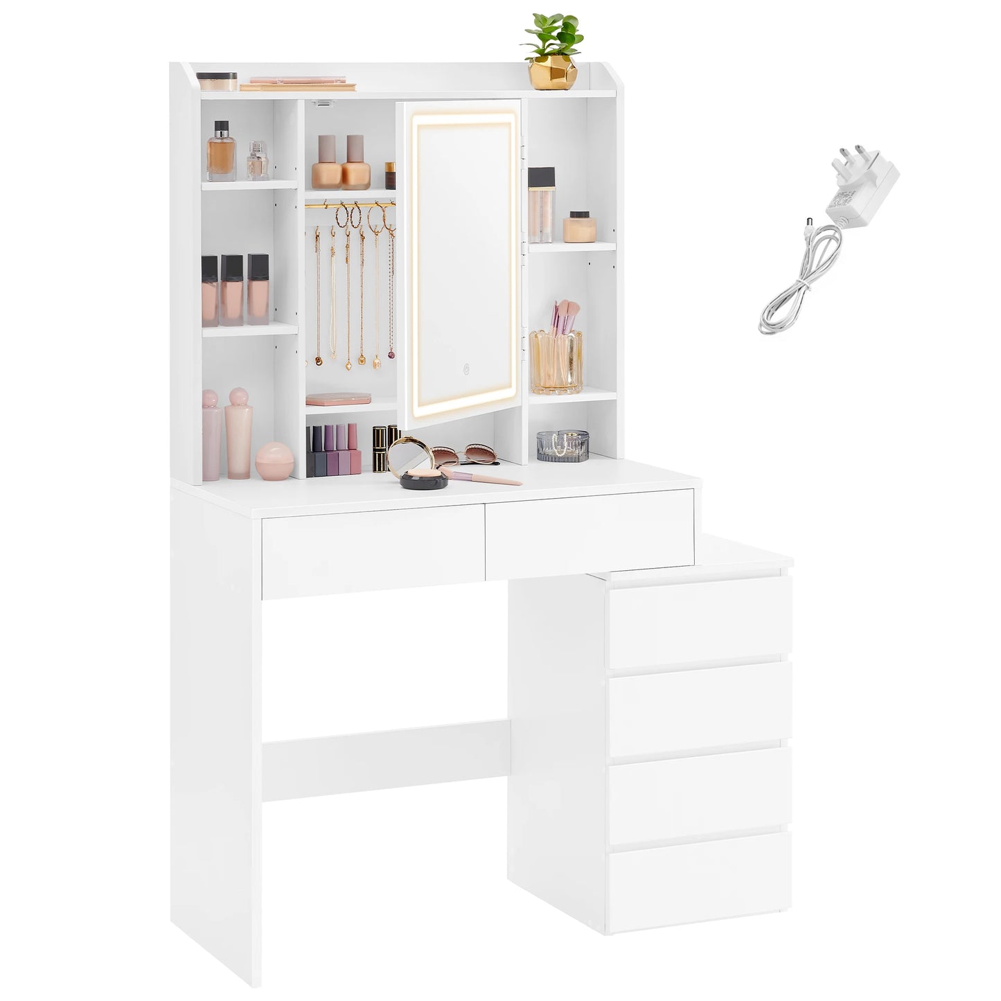 A modern vanity table featuring a sleek design, equipped with a built-in LED-lit mirror offering adjustable brightness settings. The table includes multiple drawers and shelves for organized storage of cosmetics and accessories, complemented by a smooth tabletop for a stylish and functional addition to any bedroom or dressing area.