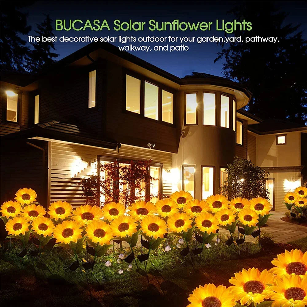 Solar-powered LED lights designed to resemble sunflowers, featuring realistic petals and leaves. These decorative lights harness sunlight during the day to illuminate gardens, pathways, or patios at night, adding a charming and eco-friendly touch to outdoor spaces