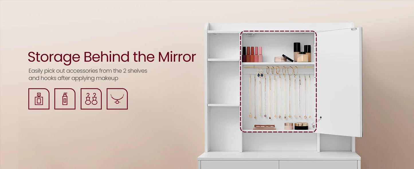 A modern vanity table featuring a sleek design, equipped with a built-in LED-lit mirror offering adjustable brightness settings. The table includes multiple drawers and shelves for organized storage of cosmetics and accessories, complemented by a smooth tabletop for a stylish and functional addition to any bedroom or dressing area.