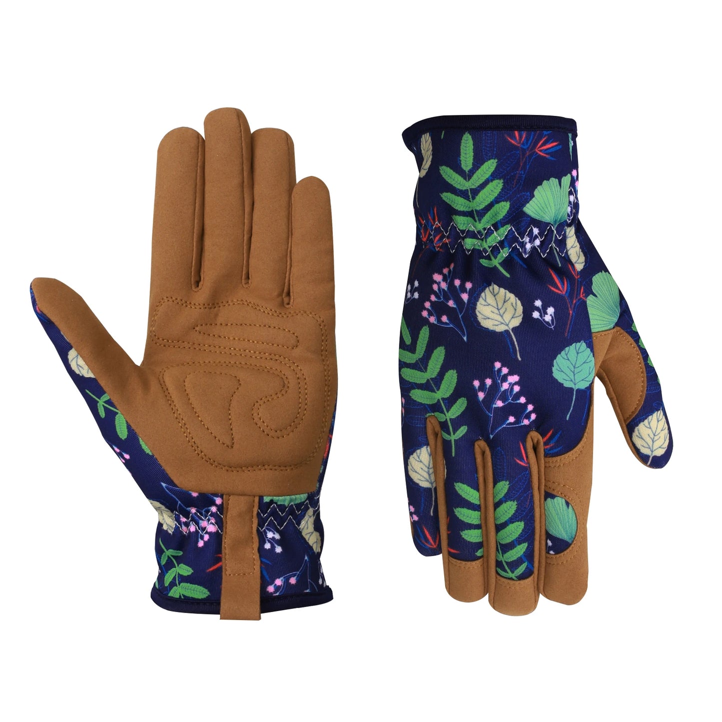 A pair of women's gardening gloves made from durable, breathable fabric, featuring reinforced palms and fingertips for added protection, and an adjustable wrist strap to ensure a secure fit during various gardening tasks