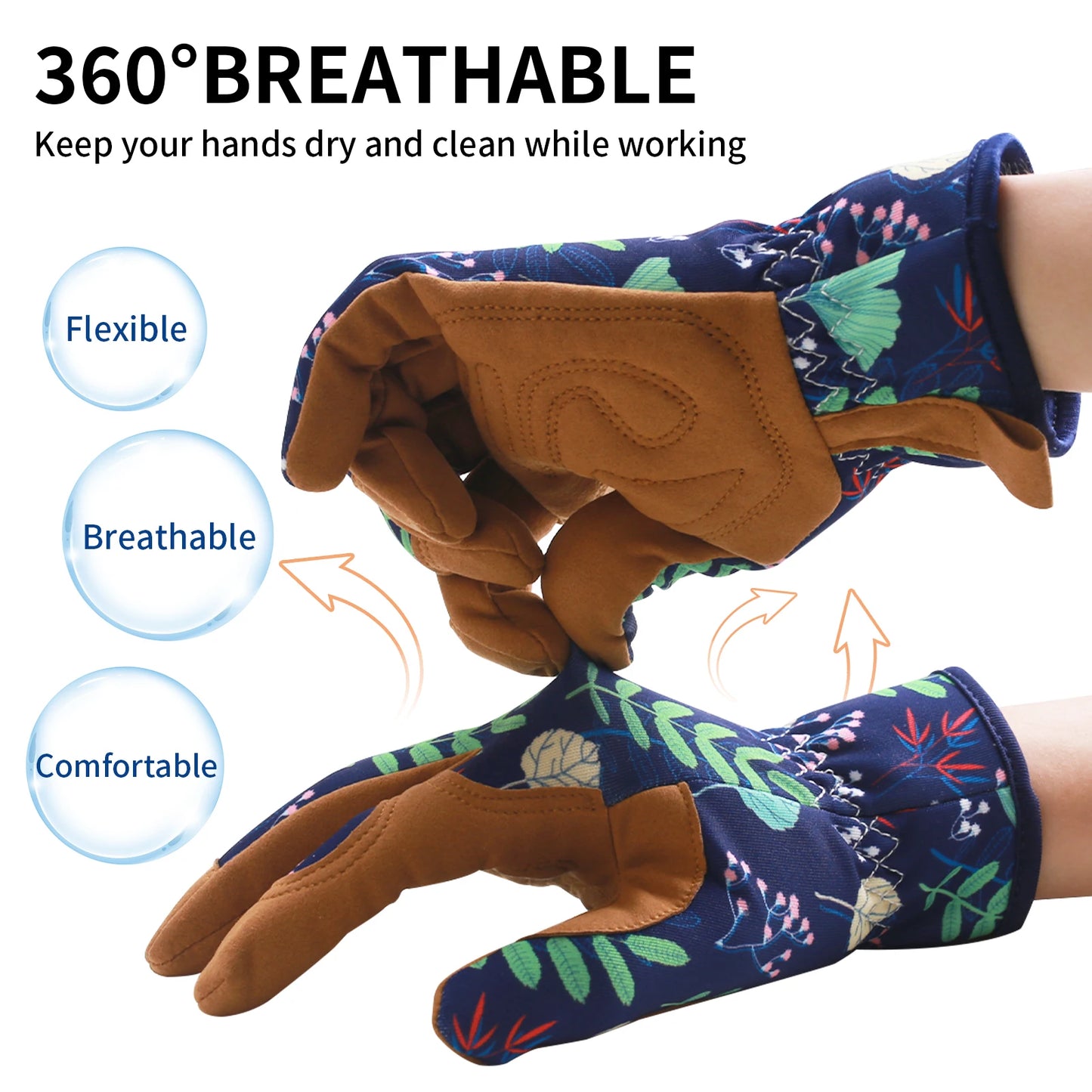 A pair of women's gardening gloves made from durable, breathable fabric, featuring reinforced palms and fingertips for added protection, and an adjustable wrist strap to ensure a secure fit during various gardening tasks