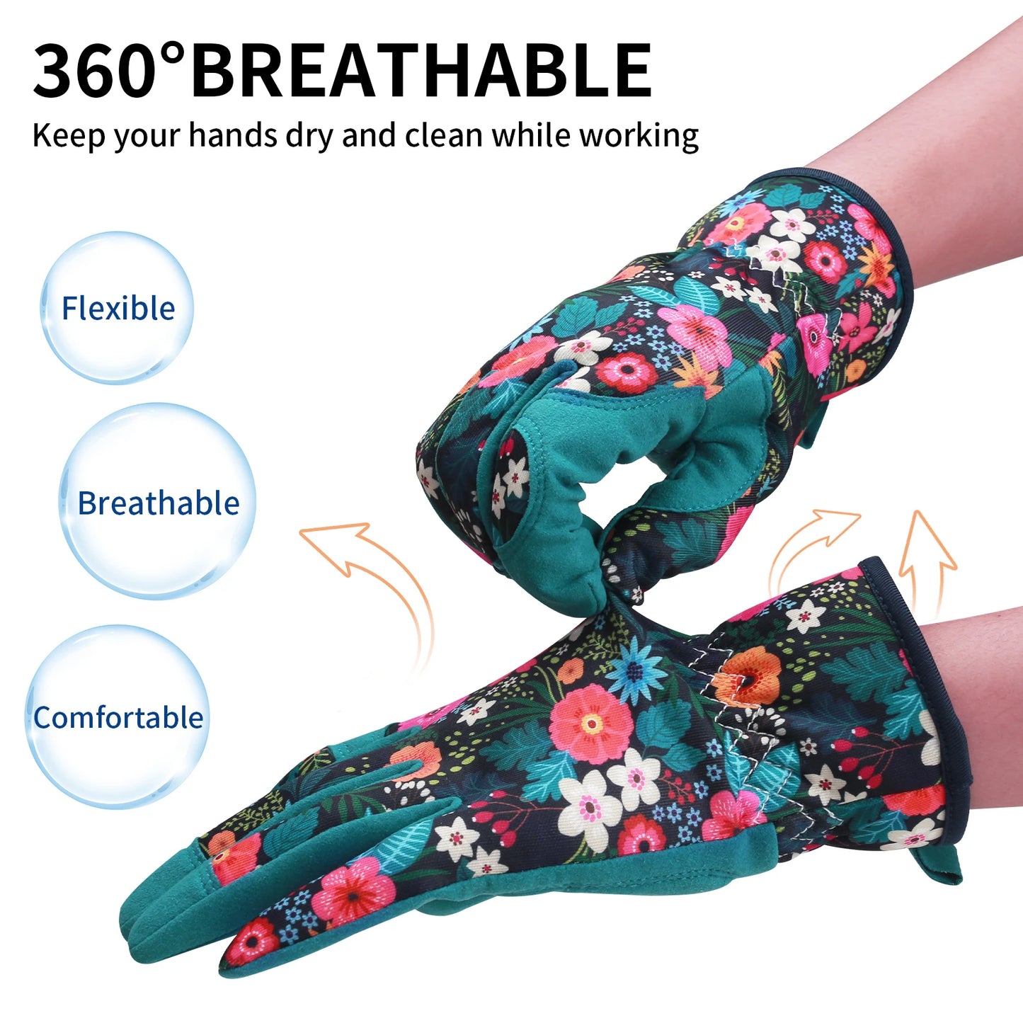 A pair of women's gardening gloves made from durable, breathable fabric, featuring reinforced palms and fingertips for added protection, and an adjustable wrist strap to ensure a secure fit during various gardening tasks