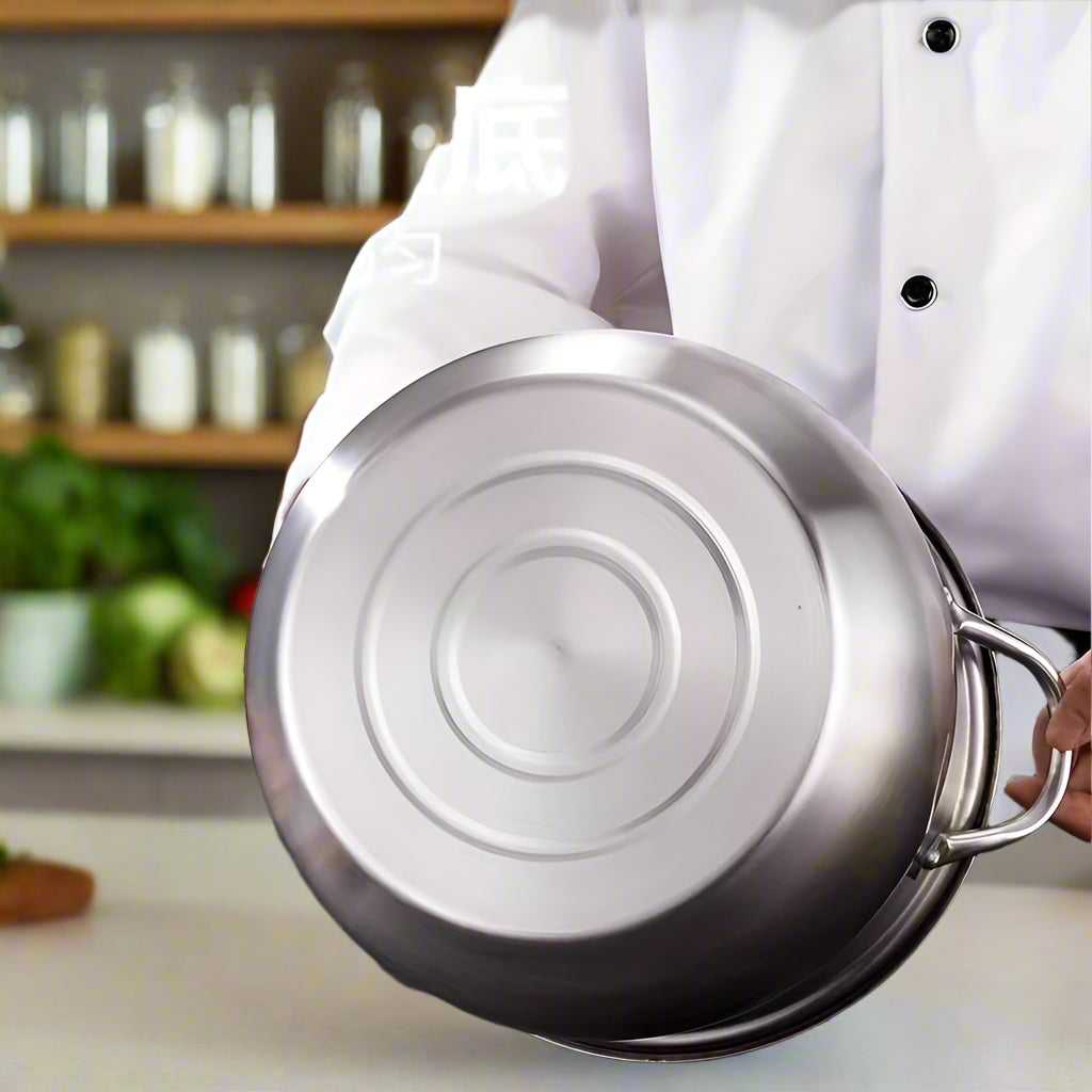 A large-capacity stainless steel soup pot with a matching lid, featuring sturdy handles for easy lifting and a polished finish, ideal for preparing soups, stews, and broths
