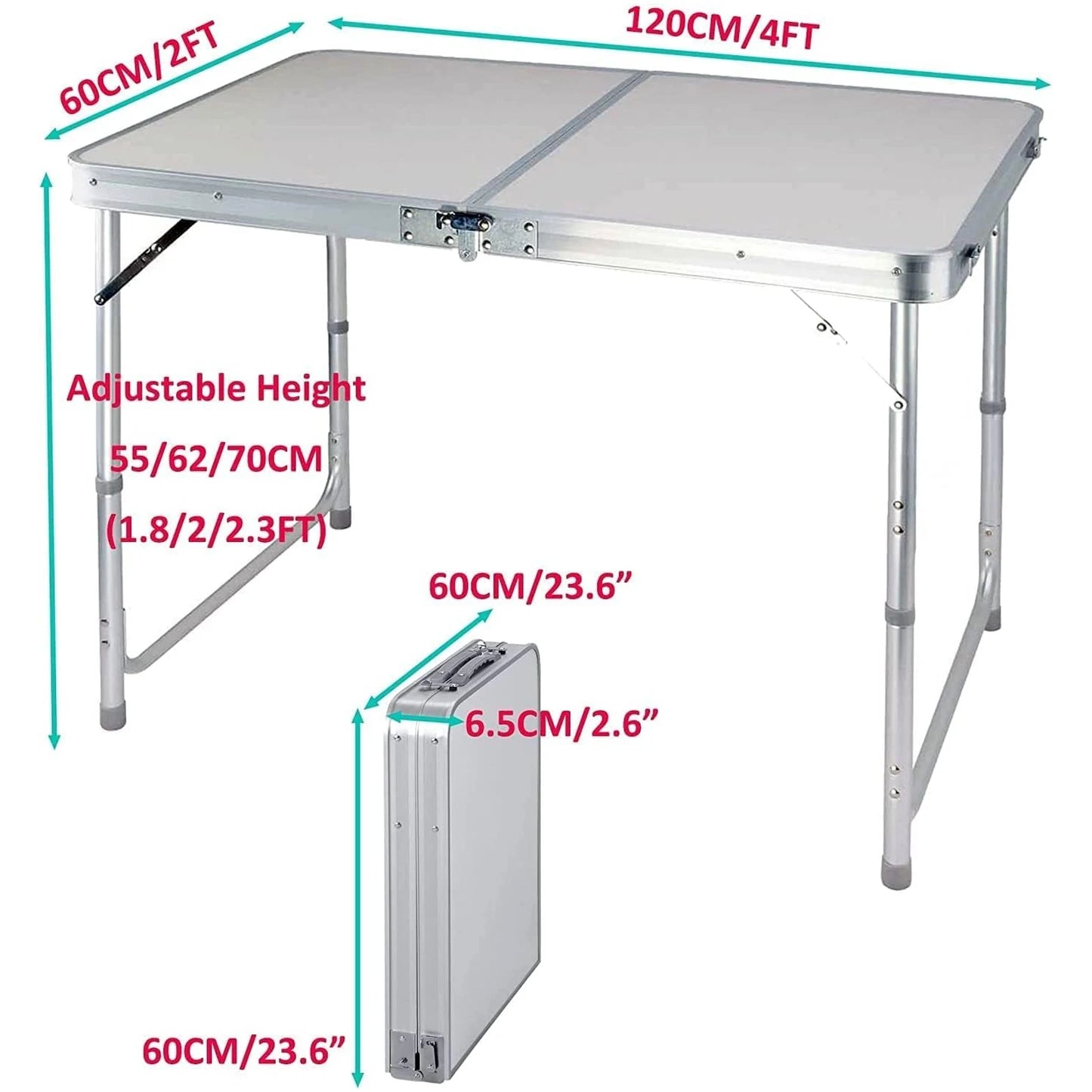 A portable folding table made of lightweight yet sturdy aluminium, featuring a collapsible design for easy transportation and storage. Ideal for camping, picnics, and outdoor activities, it offers a stable surface with adjustable height settings to accommodate various needs.