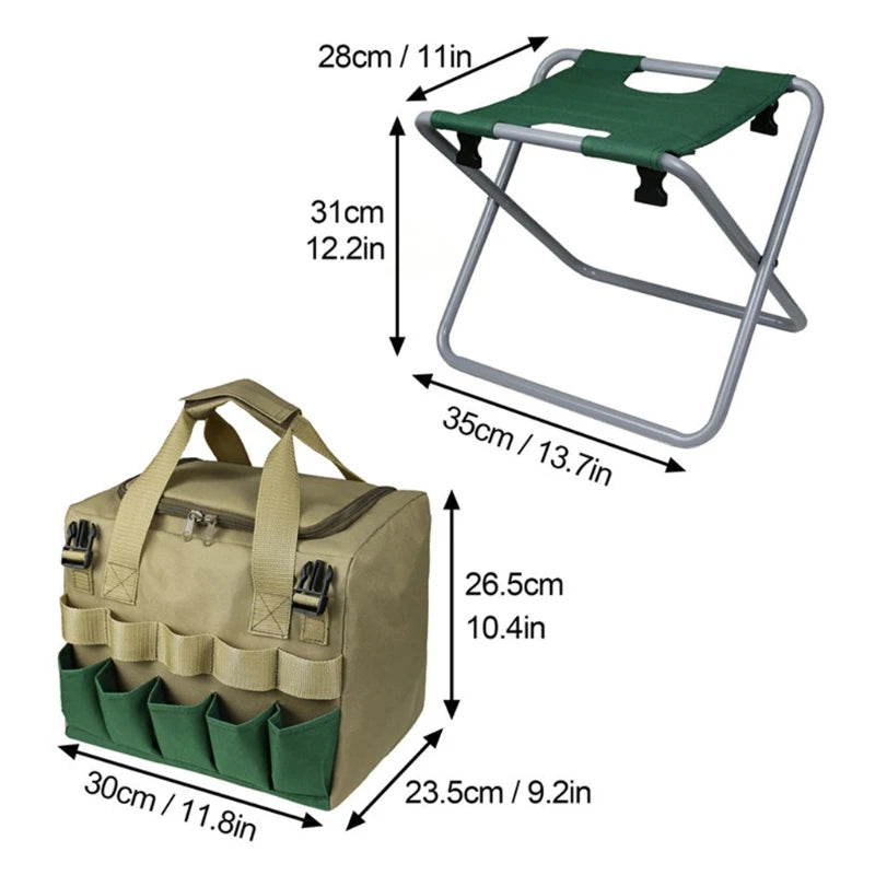 A folding gardening stool designed to provide comfort and convenience for gardeners. This portable stool features a sturdy metal frame with a durable fabric seat and includes a detachable tool bag for easy access to gardening tools. Its lightweight design and foldable structure make it easy to carry and store, ideal for reducing strain during gardening tasks