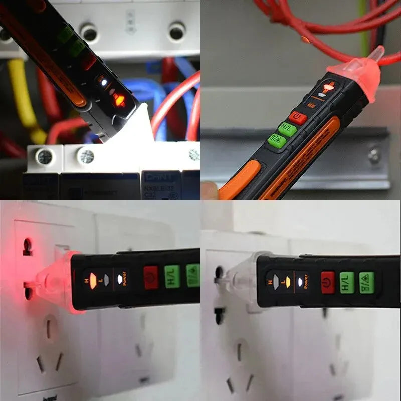 A voltage detector electrical pen, also known as a non-contact voltage tester, designed to detect the presence of voltage in electrical circuits without direct contact. It features a handheld design with an insulated probe, an LED indicator to signal voltage detection, and a sensitivity range suitable for various applications, typically from 90V to 1000V AC