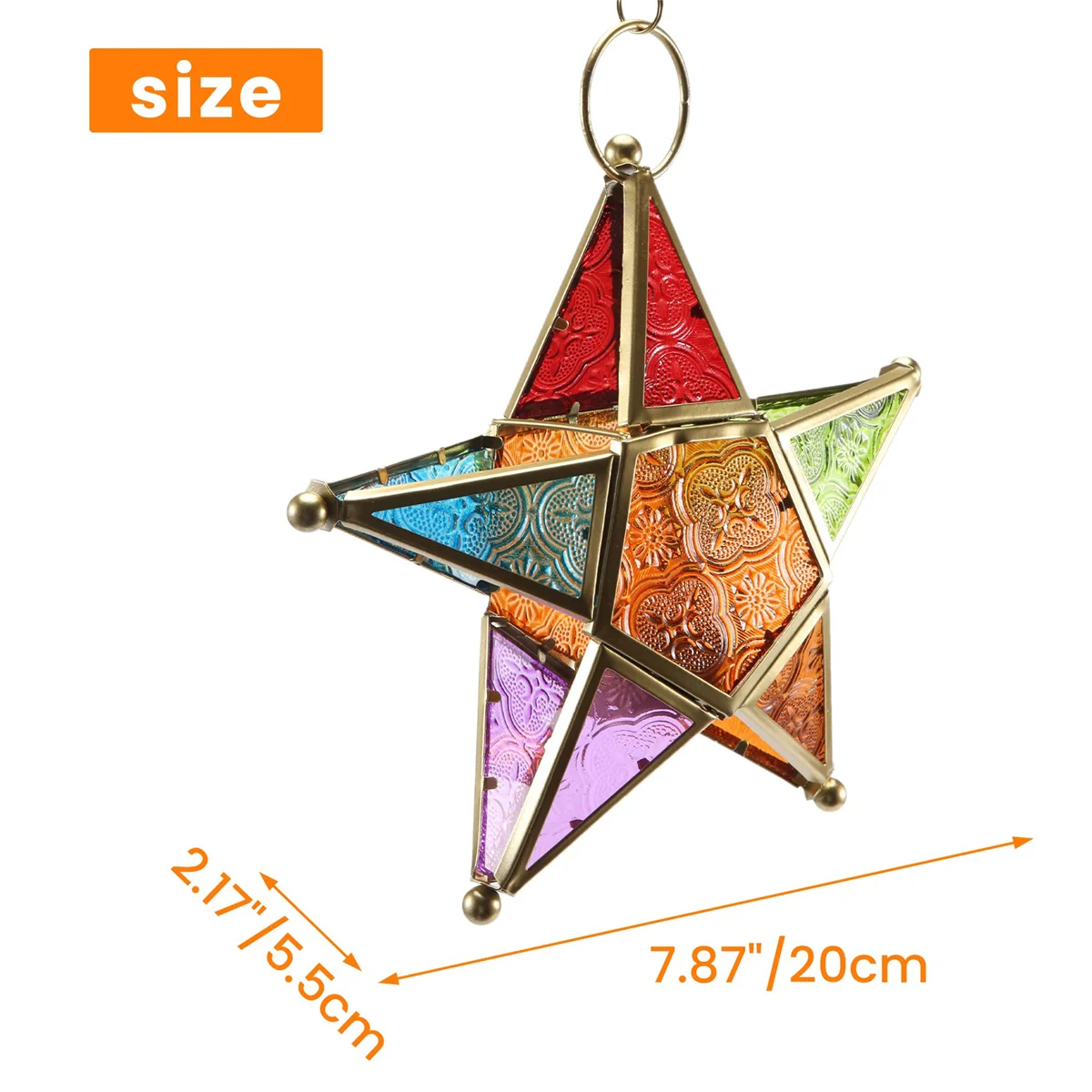 A beautifully designed star-shaped embossed colored glass lantern with a multicolored pattern and a hinged door, perfect for home and garden decoration. Made of glass and iron, it measures 200x55x200mm with a 160mm chain for hanging.