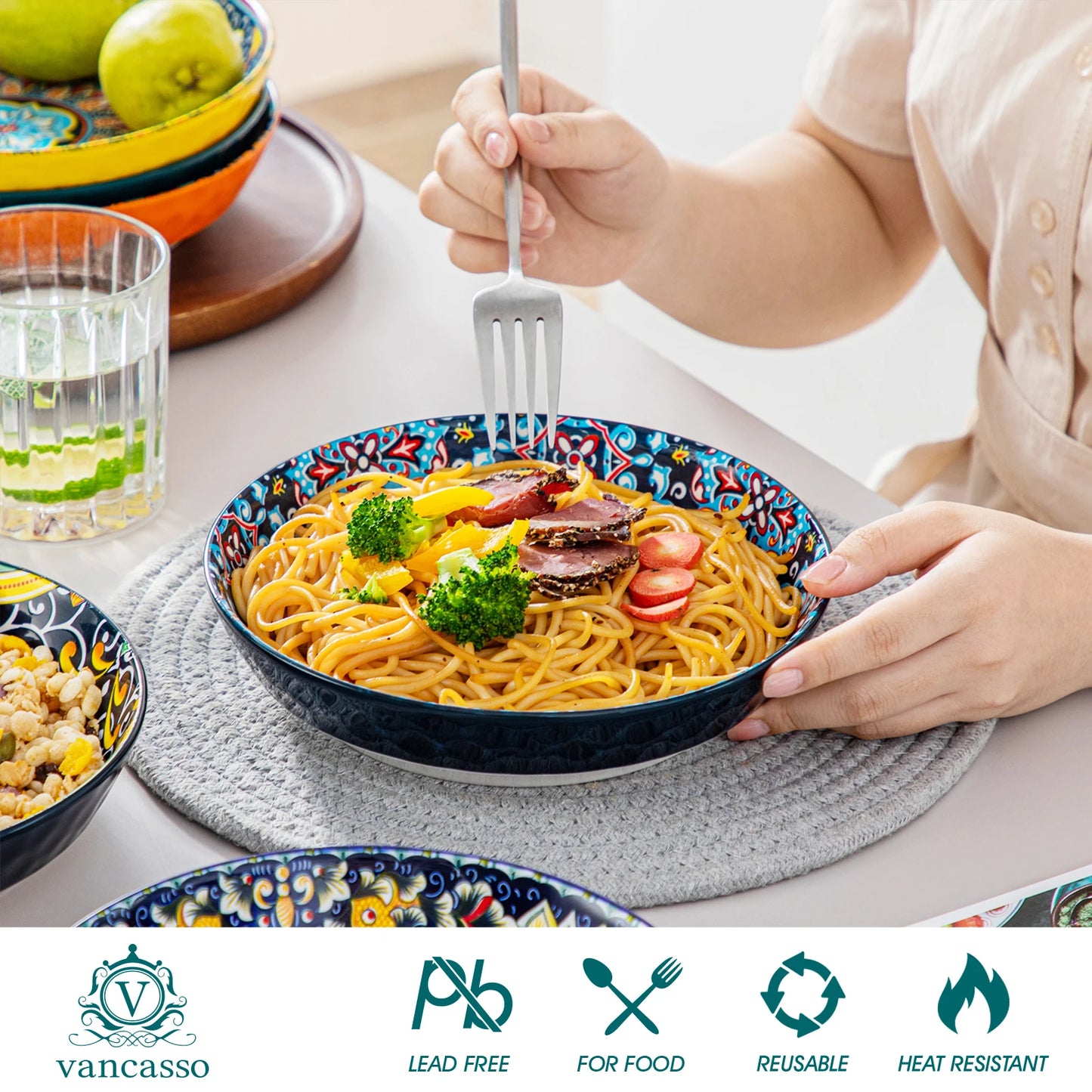 A beautiful ceramic dinnerware set, featuring a matching collection of plates, bowls, and cups with a smooth, glossy finish and elegant design. Perfect for both everyday dining and special occasions.
