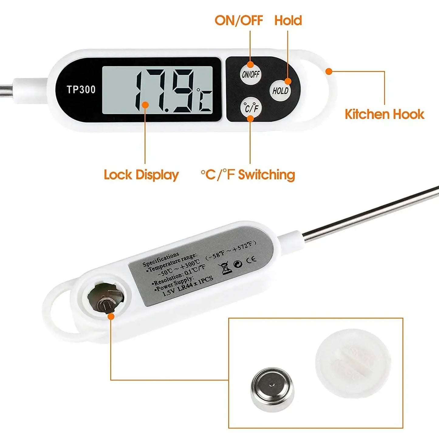 Digital food thermometer with a stainless steel probe and backlit LCD display, providing instant and accurate temperature readings for meats and other dishes
