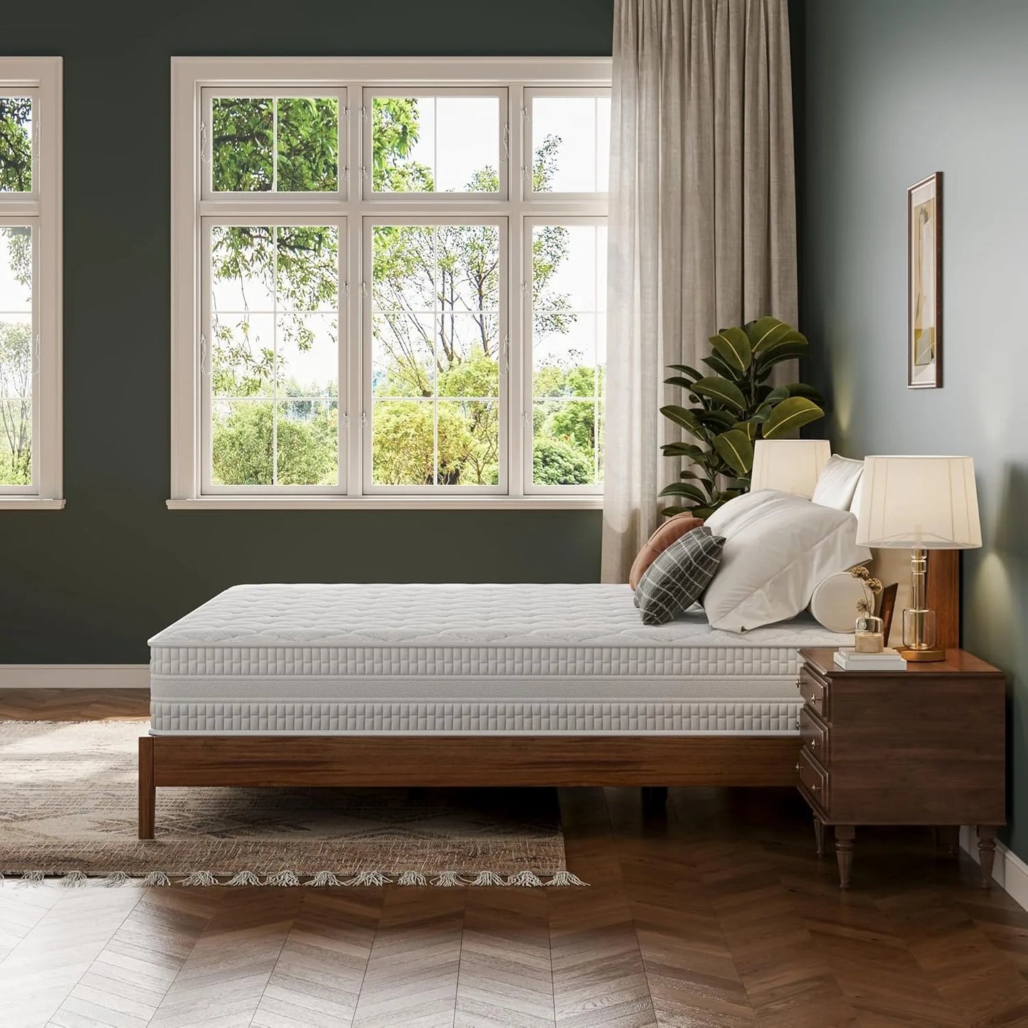 Comfortable mattress featuring pocket springs and memory foam for optimal support and pressure relief. Designed to adapt to body contours, reducing motion transfer for a restful sleep.