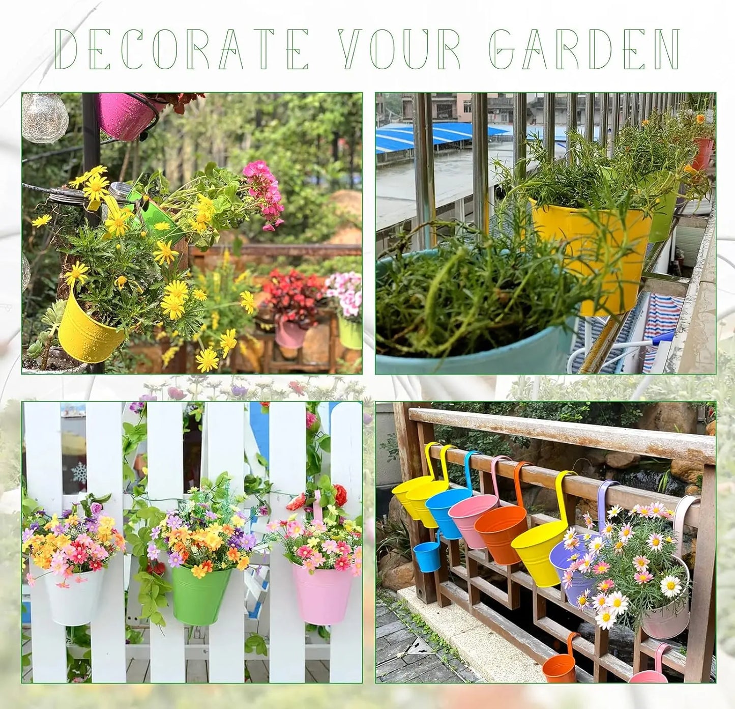 A set of colorful metal iron hanging flower pots with detachable hooks, designed to hang on balconies, fences, or garden railings; ideal for displaying vibrant flowers or plants, adding charm and greenery to outdoor spaces