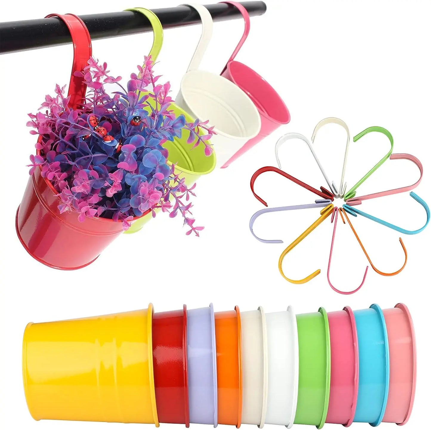 A set of colorful metal iron hanging flower pots with detachable hooks, designed to hang on balconies, fences, or garden railings; ideal for displaying vibrant flowers or plants, adding charm and greenery to outdoor spaces