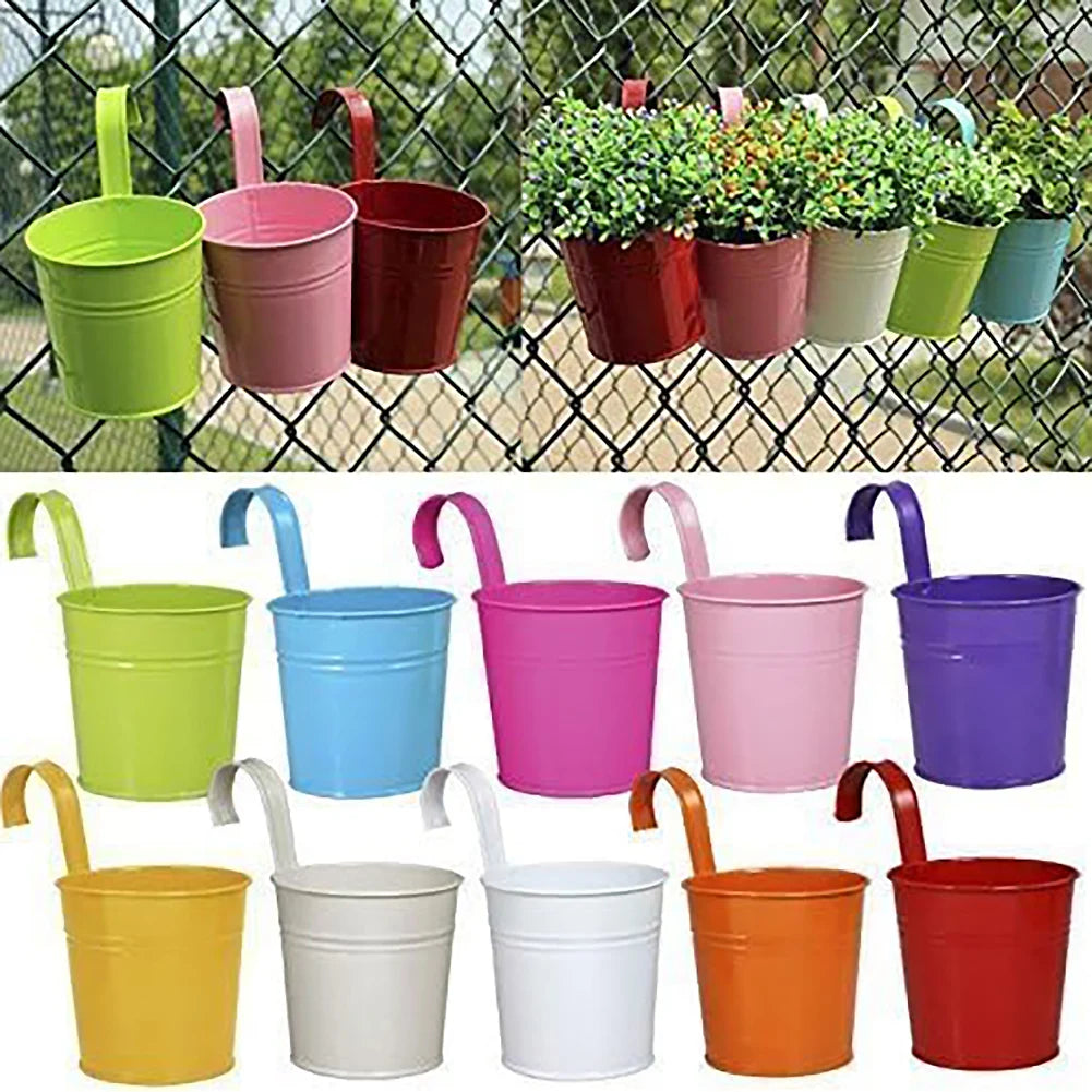 A set of colorful metal iron hanging flower pots with detachable hooks, designed to hang on balconies, fences, or garden railings; ideal for displaying vibrant flowers or plants, adding charm and greenery to outdoor spaces