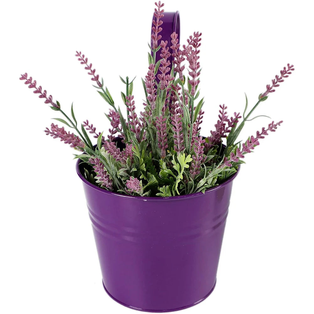 A set of colorful metal iron hanging flower pots with detachable hooks, designed to hang on balconies, fences, or garden railings; ideal for displaying vibrant flowers or plants, adding charm and greenery to outdoor spaces