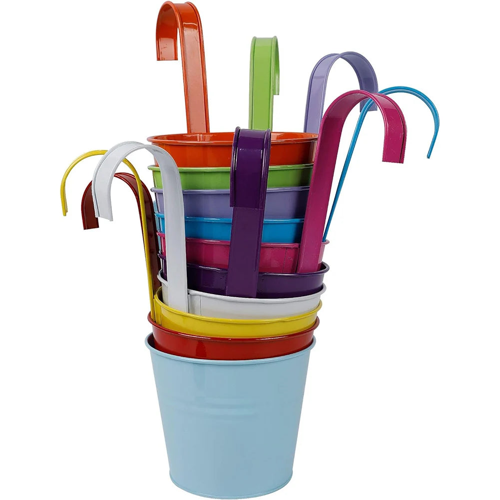 A set of colorful metal iron hanging flower pots with detachable hooks, designed to hang on balconies, fences, or garden railings; ideal for displaying vibrant flowers or plants, adding charm and greenery to outdoor spaces